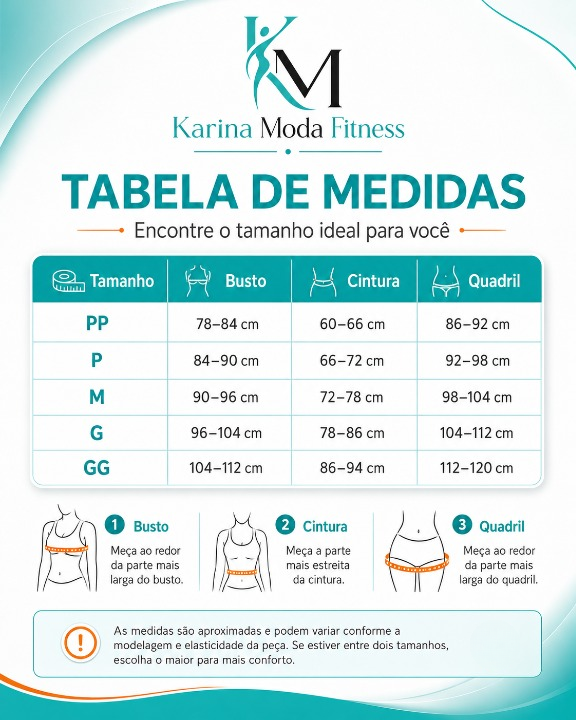 Tabela de medidas Karina Moda Fitness do PP ao GG